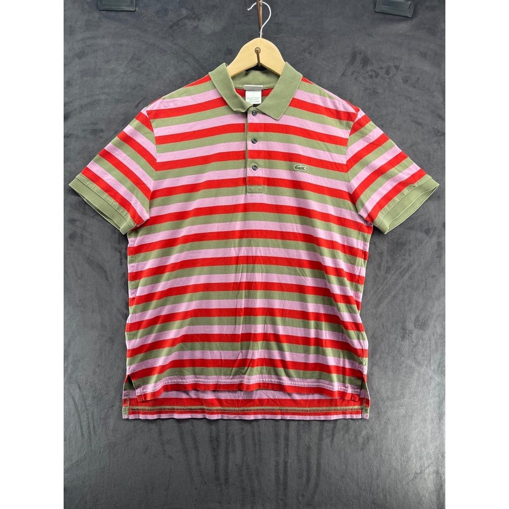 Vtg Lacoste Striped Polo Shirt Mens 5 Large Red Pink Green Cotton Short Sleeve